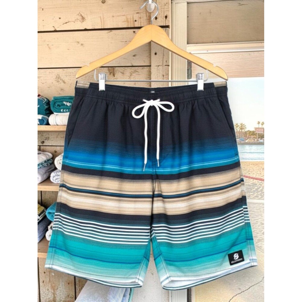 Milankerr Men’s Board Shorts – NWT XL – Blue Teal Striped Swim Trunks